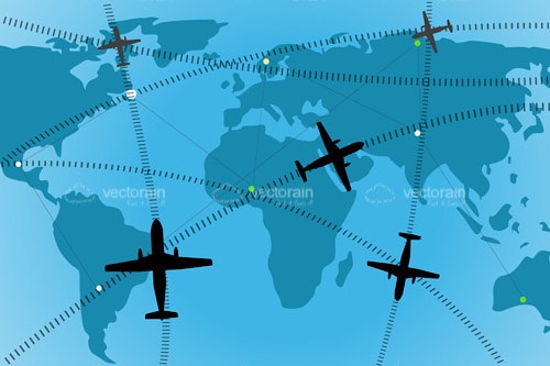 Premium Vector  Travel map with point markers airplane and dashed trace  line in world map background