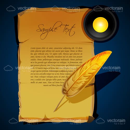 Old Parchment Paper, Writing Feather and Candle, with Sample Text